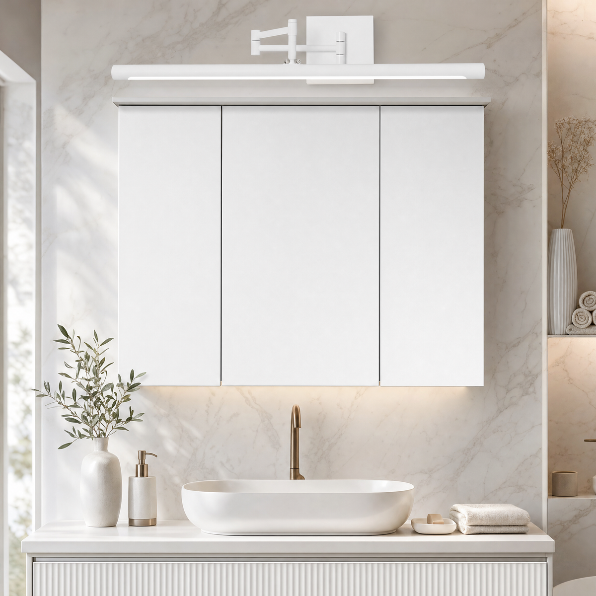 White swing arm vanity light above a white mirror cabinet in a bright bathroom