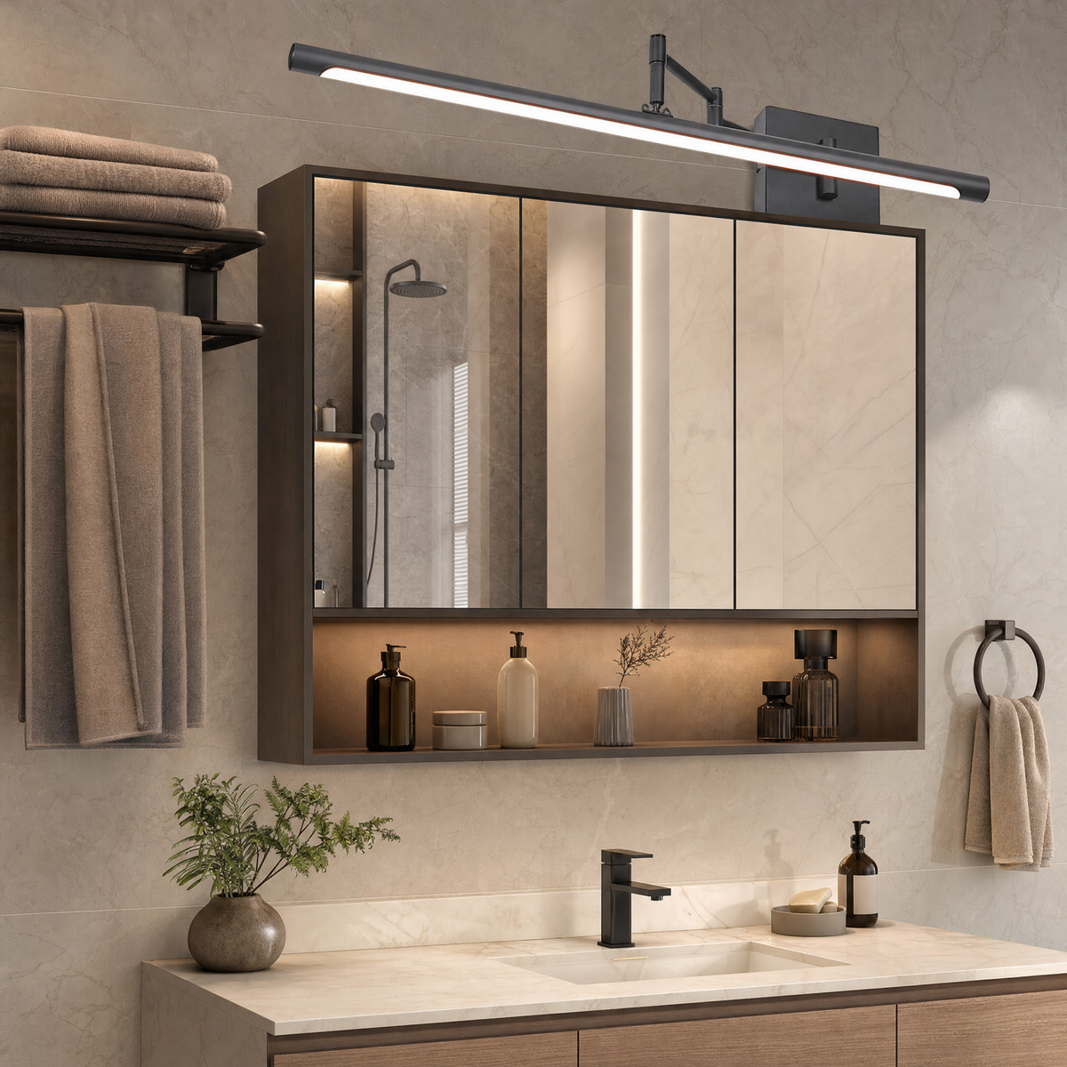 Black LED vanity light glowing above a mirror cabinet in a modern bathroom