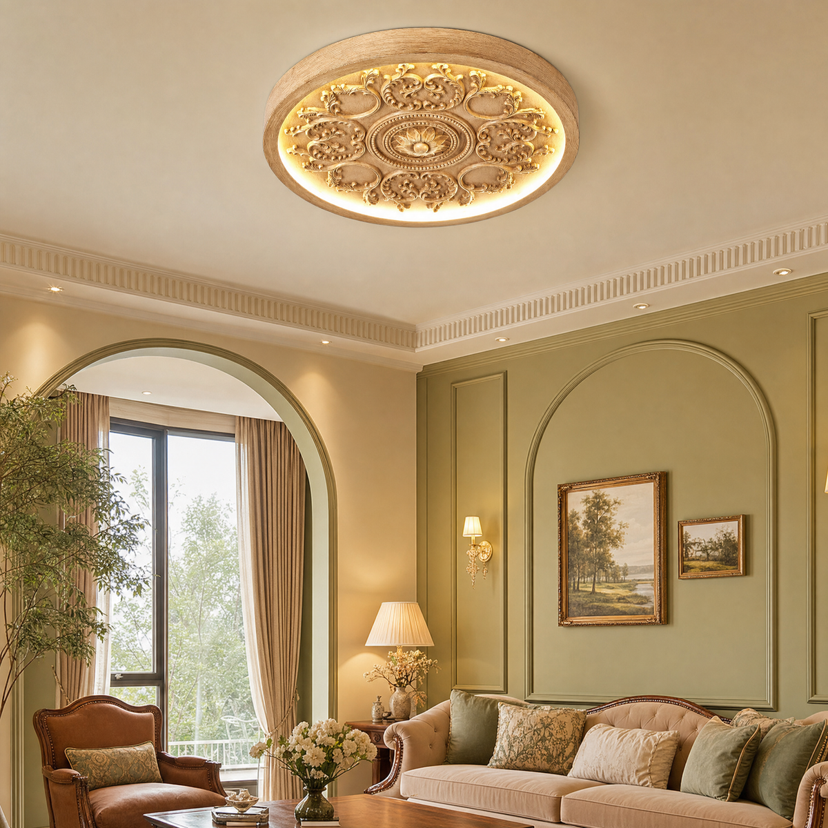 Wood color flush mount ceiling light with carved relief in a sage green living room