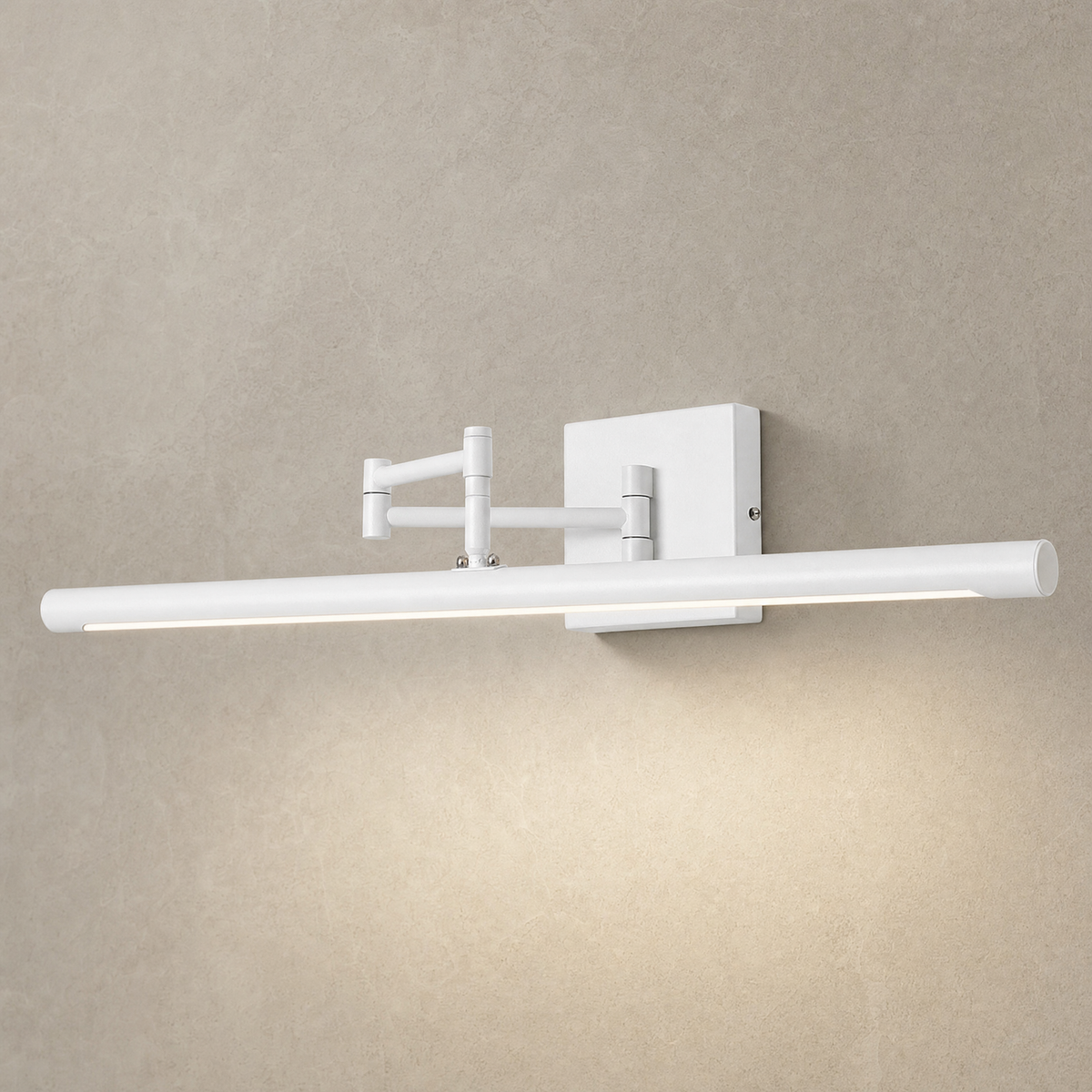 White swing arm LED vanity light on a textured bathroom wall