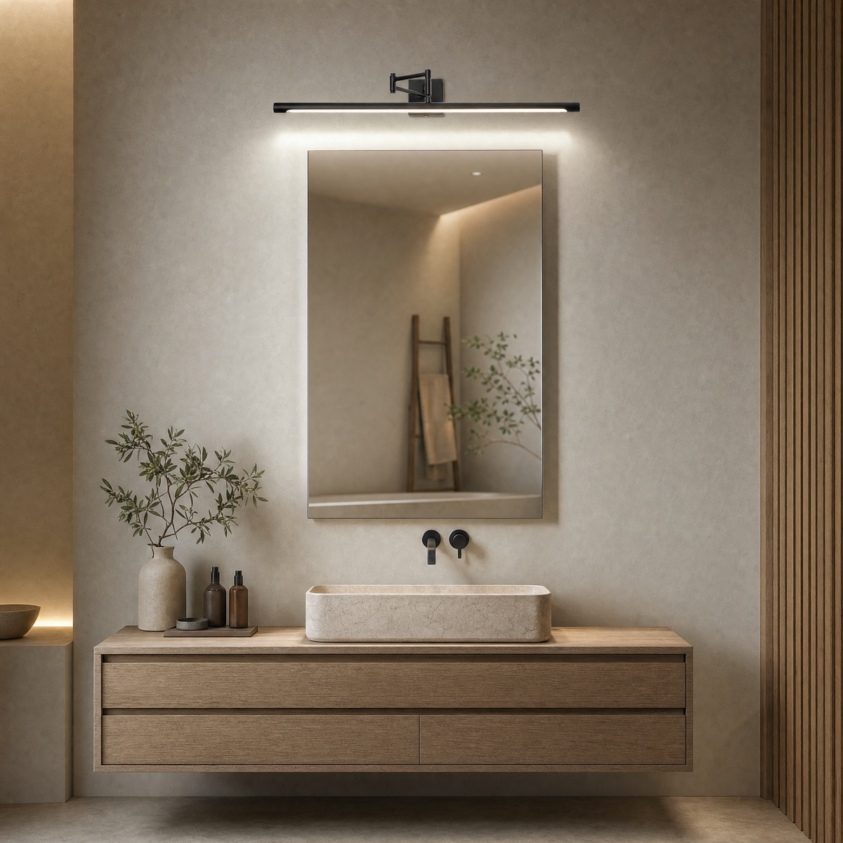 Black LED vanity light above a mirror and floating oak vanity in a modern bathroom