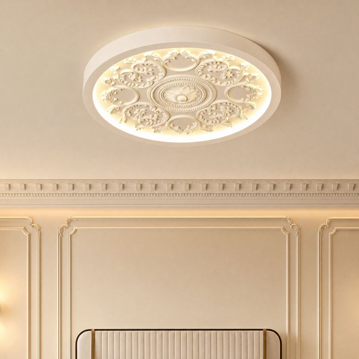 Beige carved flush mount ceiling light with warm LED glow