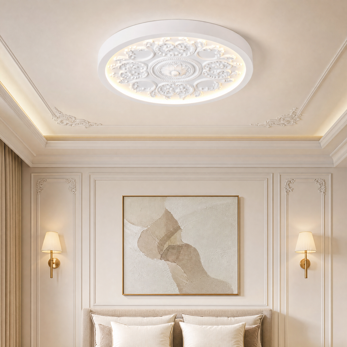 White flush mount ceiling light with carved relief and LED glow in a Parisian bedroom