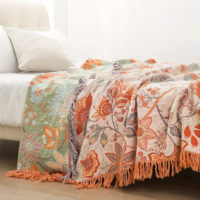 Cotton Floral Throw Blanket for Sofa Bed or Living Space