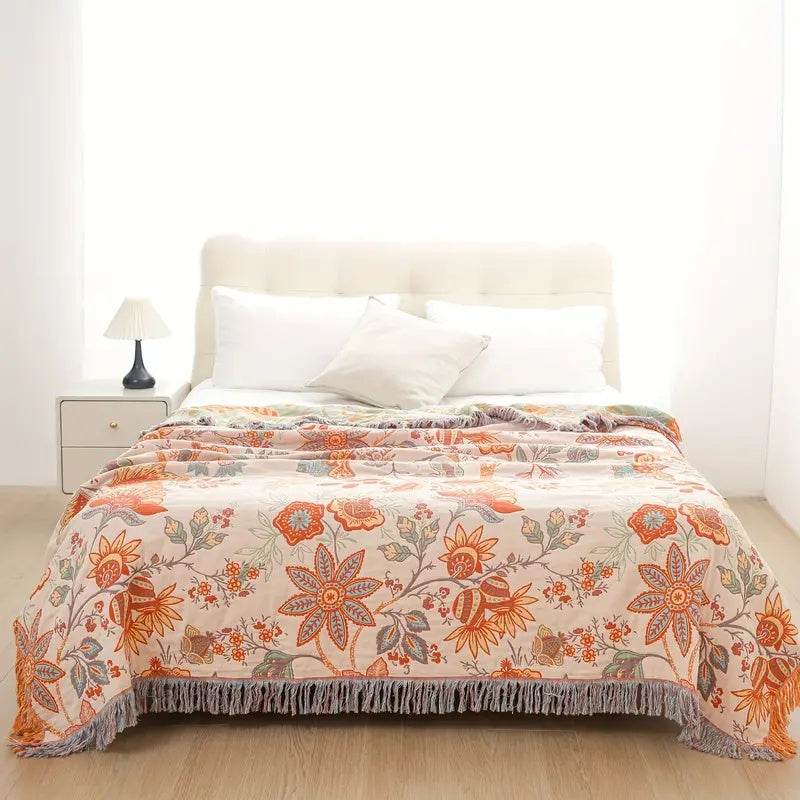 Cotton Floral Throw Blanket for Sofa Bed or Living Space