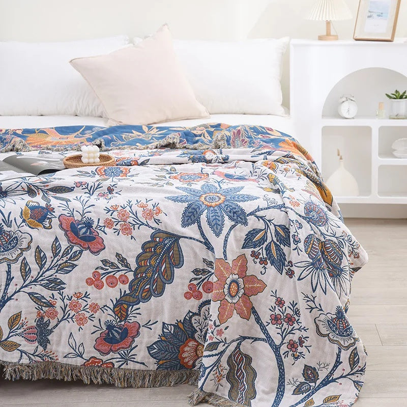 Floral Jacquard Cotton Blanket for Sofa and Bed Use