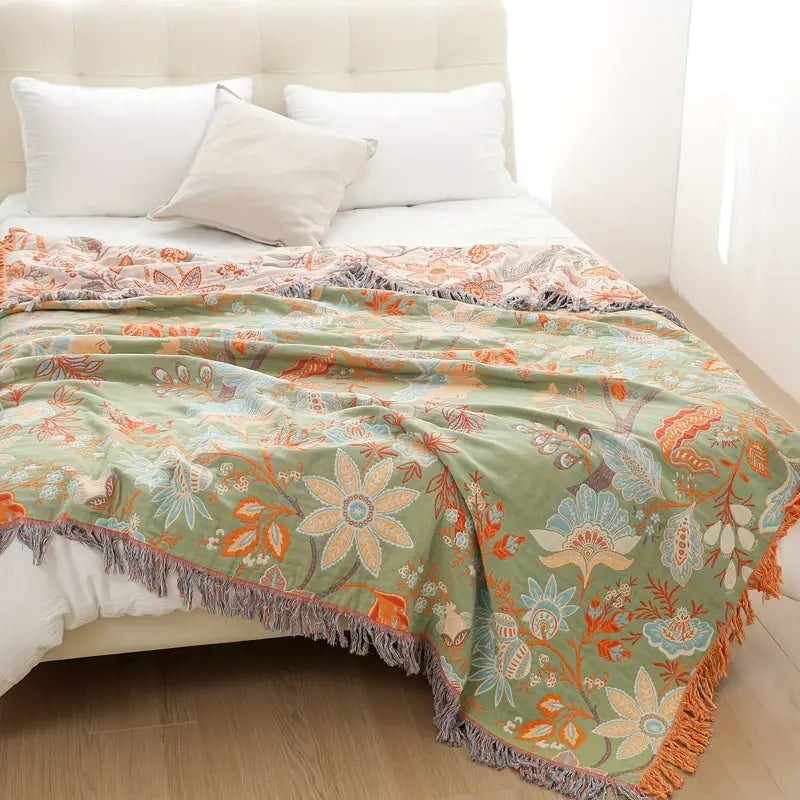 Cotton Floral Throw Blanket for Sofa Bed or Living Space