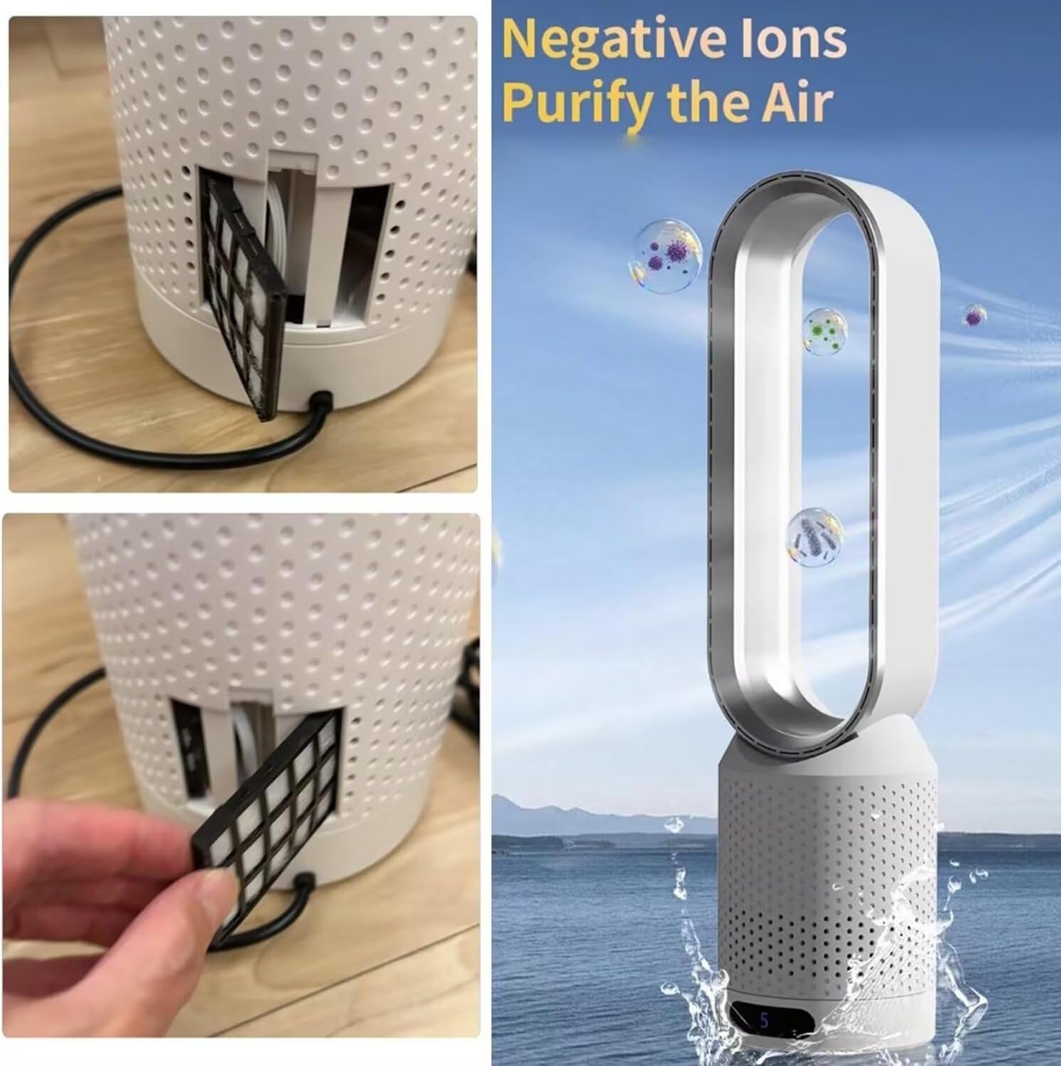 Air Purifier Bladeless Tower Fan, Leafless Tower Fan, 90° Oscillating Standing Fan with Remote, 8 Speeds, 120 Minutes Timer, LED Touch Screen, 22 Inches