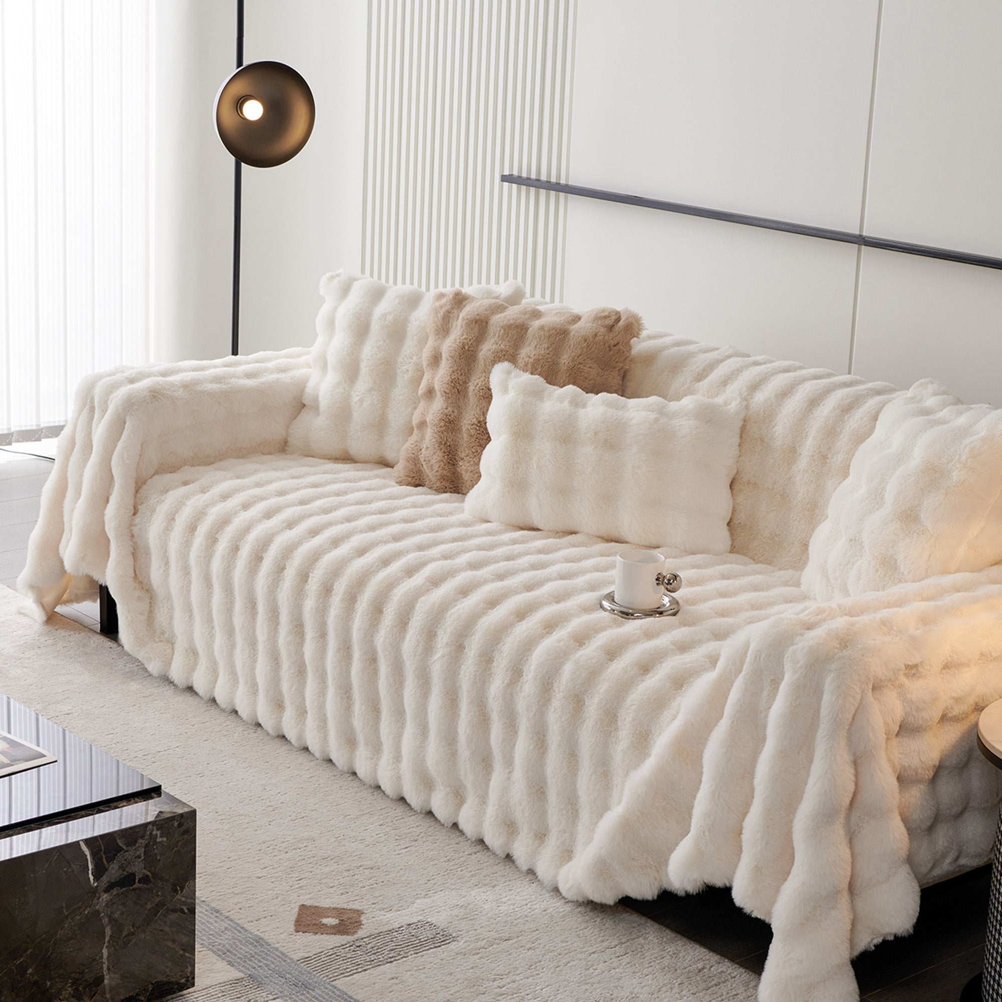 Luxe Ripple Faux Fur Sofa Cover for Soft Modern Elegance